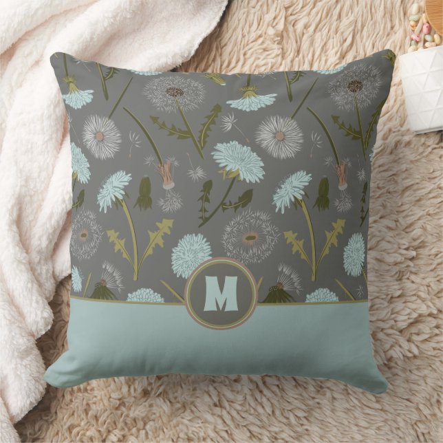 Monogrammed Dandelion Flowers Grått Blue Kudde (Filt)