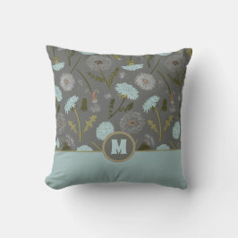 Monogrammed Dandelion Flowers Grått Blue Kudde
