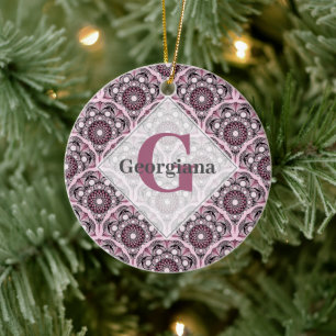 Monogrammed Deco Dusky Ro Cherry Blommar Mandala Julgransprydnad Keramik