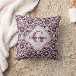 Monogrammed Deco Dusky Ro Cherry Blommar Mandala Kudde