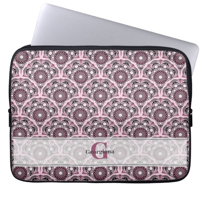 Monogrammed Deco Dusky Ro Cherry Blommar Mandala Laptop Fodral (Framsidan)