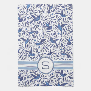Monogrammed Delft blåttfåglar & lövmönster Kökshandduk