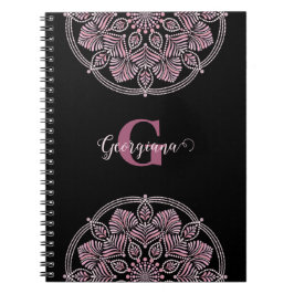Monogrammed Dusky Ro Blommigt Fronds Dot Mandala Anteckningsbok