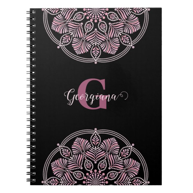 Monogrammed Dusky Ro Blommigt Fronds Dot Mandala Anteckningsbok (Framsidan)