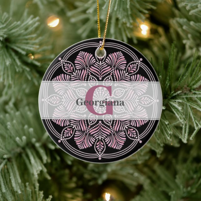 Monogrammed Dusky Ro Blommigt Fronds Dot Mandala Julgransprydnad Keramik (Träd)