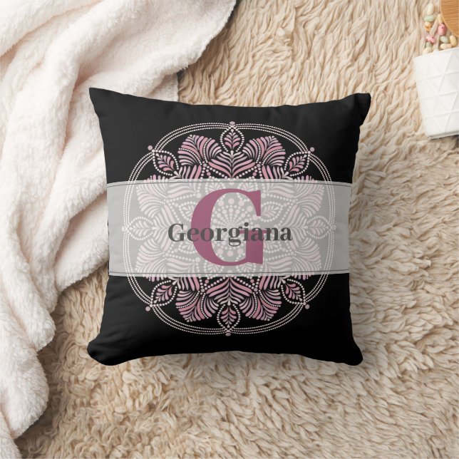 Monogrammed Dusky Ro Blommigt Fronds Dot Mandala Kudde (Filt)