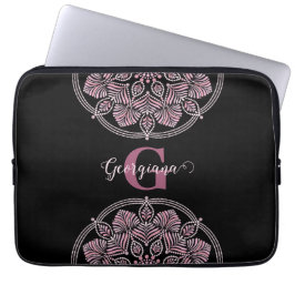 Monogrammed Dusky Ro Blommigt Fronds Dot Mandala Laptop Fodral