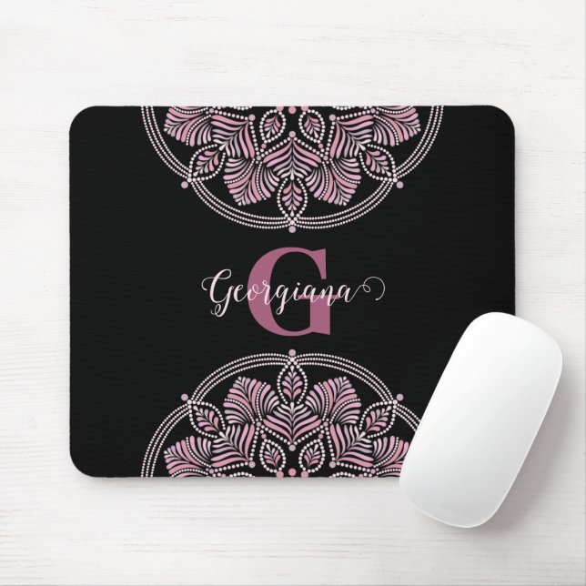 Monogrammed Dusky Ro Blommigt Fronds Dot Mandala Musmatta (Med mus)