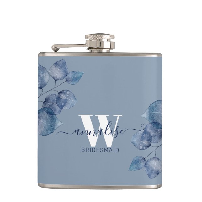 Monogrammed Dusty Blue Botanical Bridesmaid Fickplunta (Framsidan)