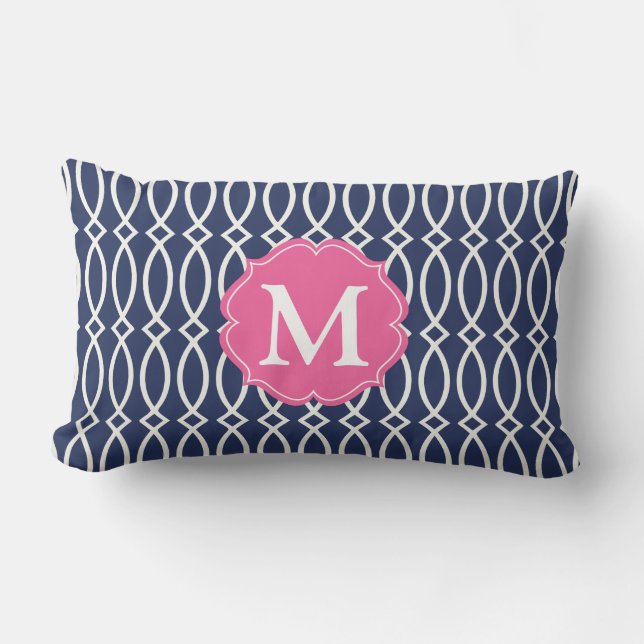 Monogrammed elegant marinblå modern spaljé lumbarkudde (Framsida)
