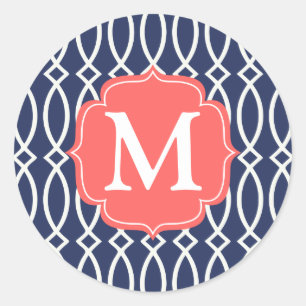 Monogrammed elegant marinblå modern spaljé runt klistermärke