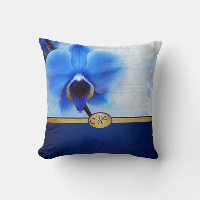 Monogrammed elegantt texturerat blåttOrchidguld Kudde (Framsida)