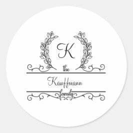 Monogrammed Family Namn-skript, blommande Löv Runt Klistermärke