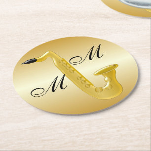 Monogrammed färgat saxofonguld underlägg papper rund