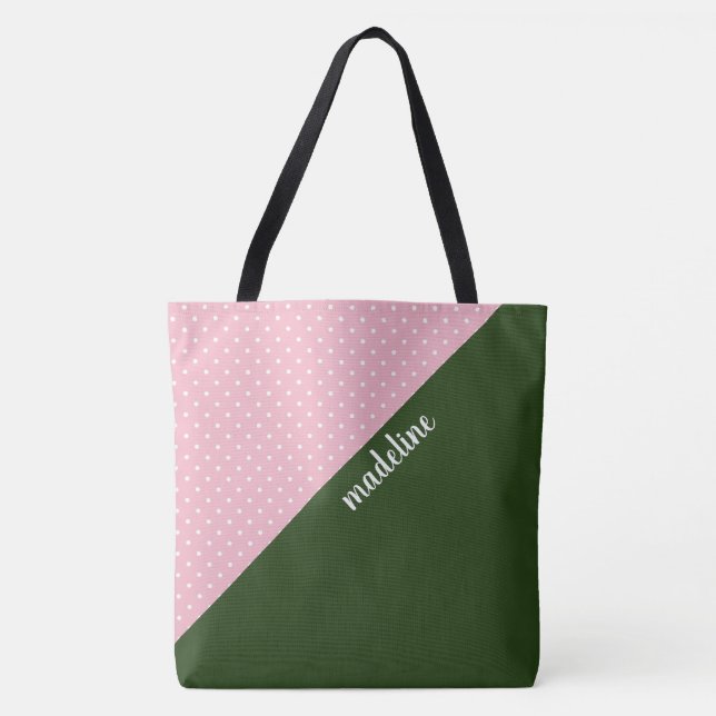 Monogrammed färgkvarter, rosa/grön w-polka dots tygkasse (Framsida)