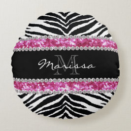 Monogrammed Faux Glitter Bling Rhinestone Girl Rund Kudde