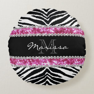 Monogrammed Faux Glitter Bling Rhinestone Girl Rund Kudde