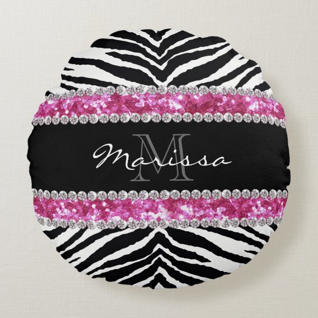 Monogrammed Faux Glitter Bling Rhinestone Girl Rund Kudde (Framsidan)