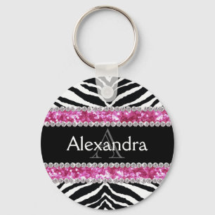 Monogrammed Faux Glitter Bling Zebra Girls Namn ID Nyckelring