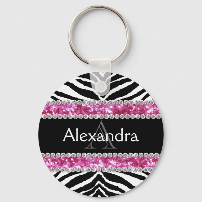 Monogrammed Faux Glitter Bling Zebra Girls Namn ID Nyckelring (Framsida)