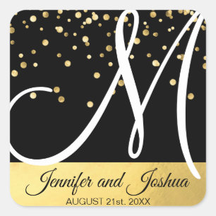 Monogrammed Faux Guld Foil Black Bröllop Fyrkantigt Klistermärke