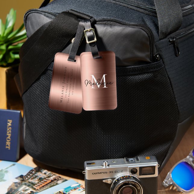 Monogrammed Faux Ro Guld Metallic Struktur Bagagebricka (Fram & Baksida)