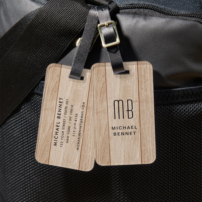 Monogrammed Faux Wood Struktur Bagagebricka (Monogrammed Faux Wood Texture Luggage Tag)