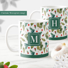 Monogrammed, Festive Greenery and Holly Grönt Red Kaffemugg
