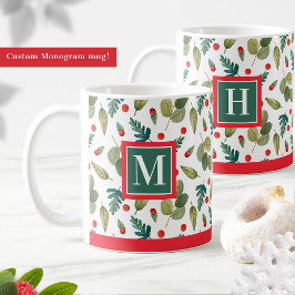 Monogrammed, Festive Greenery and Holly, Red Grönt Kaffemugg