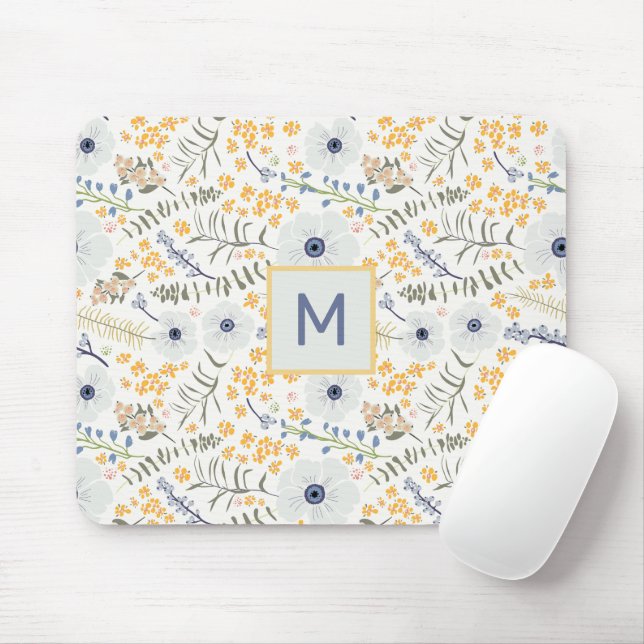 Monogrammed Flowers Gult Blue Botanical Mönster Musmatta (Med mus)