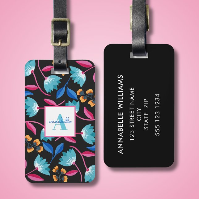 Monogrammed Folk Art-Blommönstret Bagagebricka (Colour folk art floral pattern luggage tag with monogram, first name and contact details to reverse.)