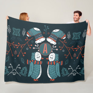 Monogrammed Folk Art jul Blue Red Uggla Träd Fleecefilt