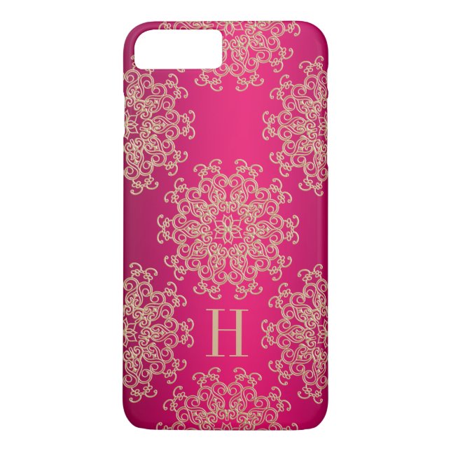 Monogrammed fuchsia och guld- exotisk medaljong Case-Mate iPhone skal (Baksida)