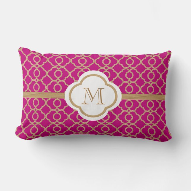Monogrammed Fuchsia och Guld Morockan Lumbarkudde (Framsida)