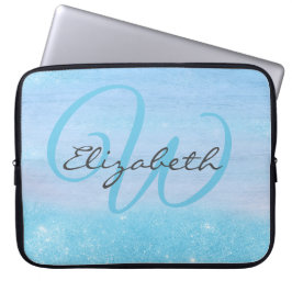 Monogrammed Girly Blue Ombre Soft Glitter Shimmer Laptop Fodral