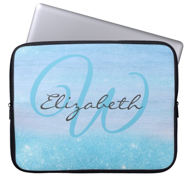 Monogrammed Girly Blue Ombre Soft Glitter Shimmer Laptop Fodral (Framsidan)