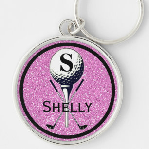 Monogrammed Girly Golf Tee Keychain Rund Silverfärgad Nyckelring