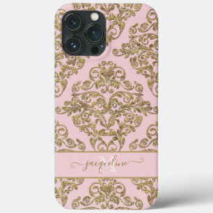 Monogrammed Girly Pink n Gold Glitter Damask-namn
