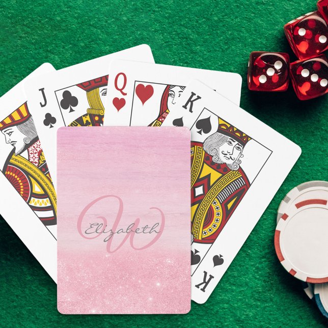 Monogrammed Girly Rosa Ombre Shimmer Casinokort (Skapare uppladdad)