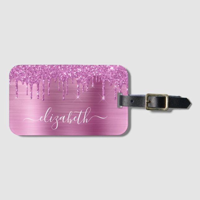 Monogrammed glitter Rosa Drips Bagagebricka (Framsida horisontal)