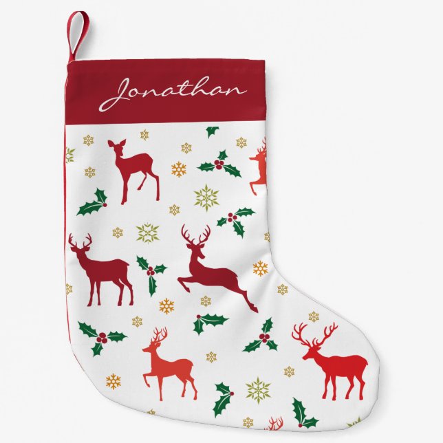 Monogrammed God jul Holly Reindeer Helgdag Liten Julstrumpa (Framsidan)