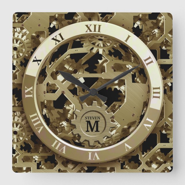 Monogrammed Golden Clock Gears Roman Numerals Fyrkantig Klocka (Framsida)