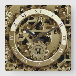 Monogrammed Golden Clock Gears Roman Numerals Fyrkantig Klocka