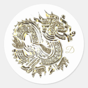 Monogrammed Golden Dragon Logotyp Elegant Runt Klistermärke