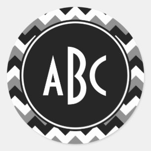 Monogrammed Grått Black och White Zigzag Runt Klistermärke