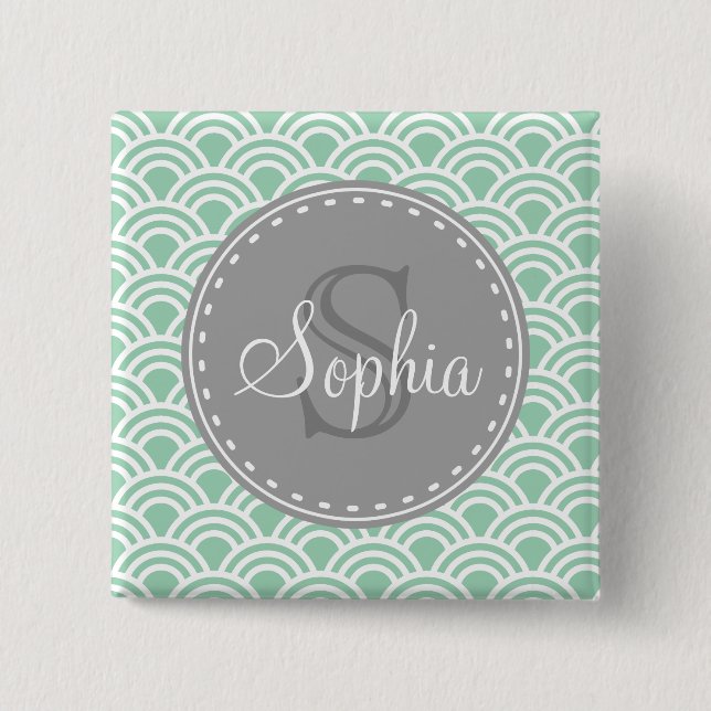 Monogrammed Grått Mint Modern Mönster Knapp (Framsida)