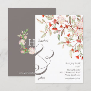 Monogrammed Grått och australisk Blommigt Bröllop Inbjudningar