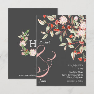 Monogrammed Grått och  australisk Blommigt Bröllop Inbjudningar