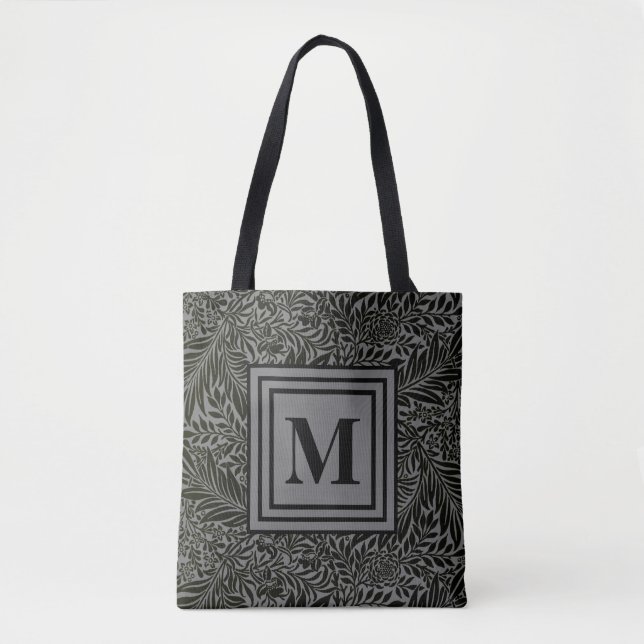 Monogrammed Grått och Black William Morris Foliage Tygkasse (Framsida)