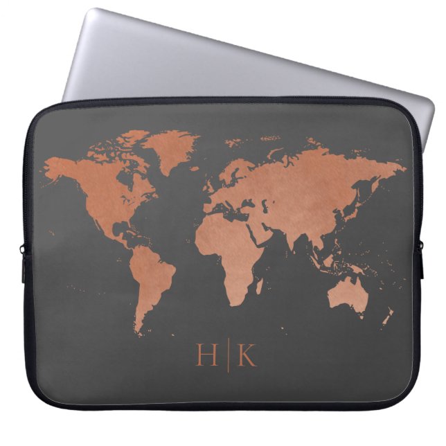 Monogrammed Grått Professionell World Map Monogram Laptop Fodral (Framsidan)